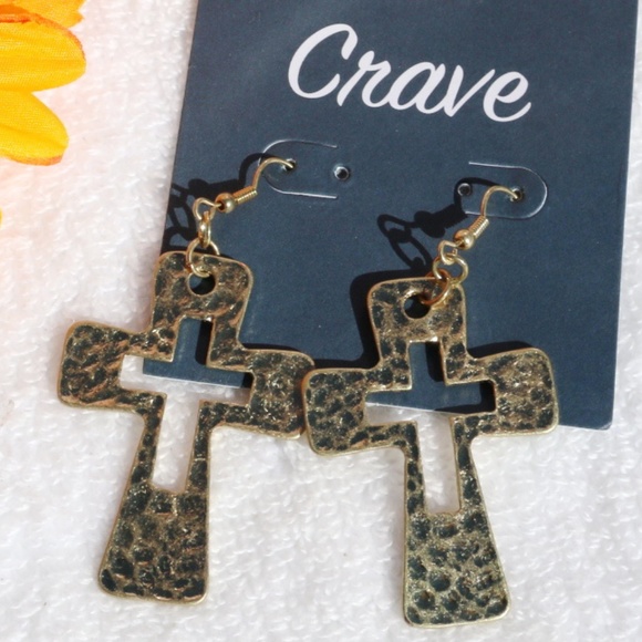 Boho Earrings Hammered Cross Dangles Goldtone - Picture 2 of 4